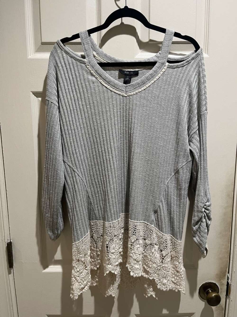 Style & Co. Women's Light Gray Off-the-Shoulder Sweater with Cream Lace Trim